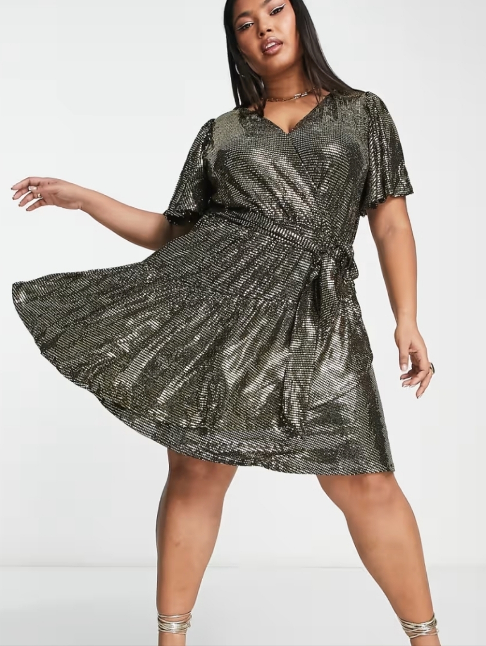 NWT Ever New Amina Curve Metallic Wrap Dress in Gold 20